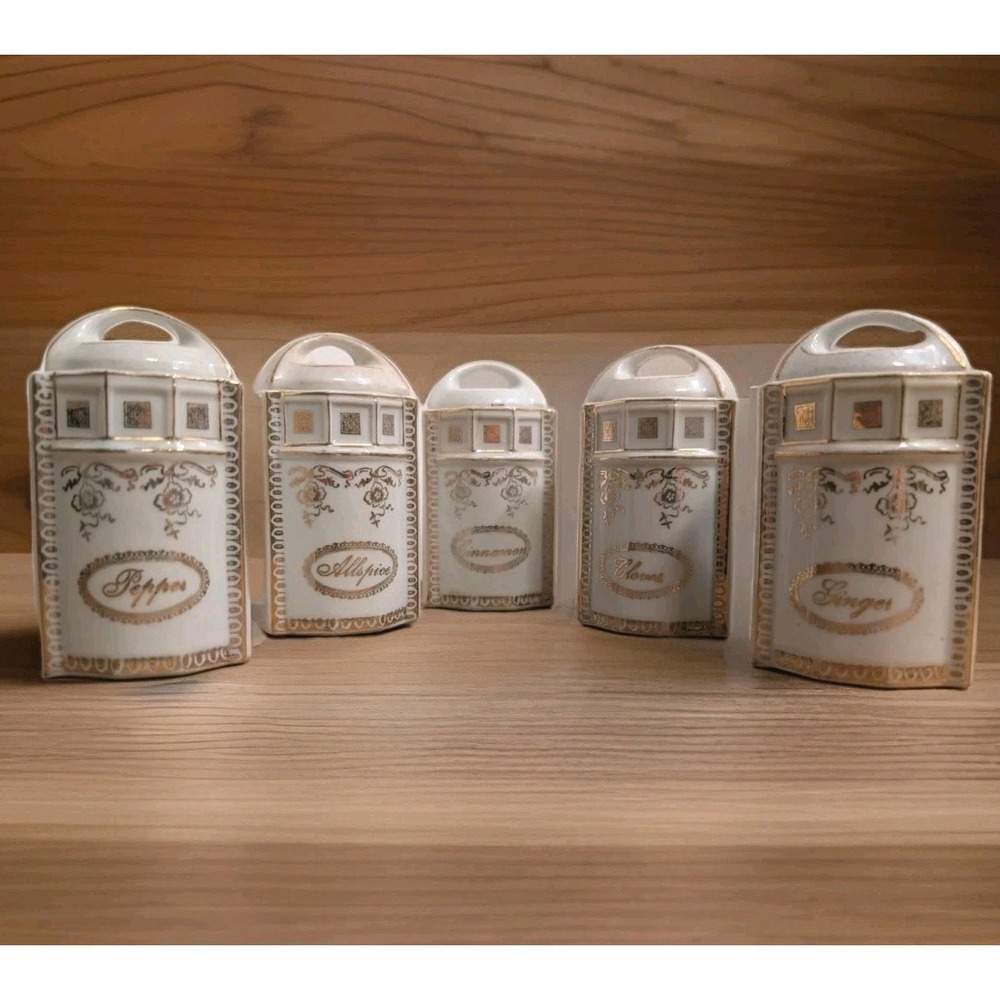 White & Gold Lustreware Spice Jar‎ Set Of 5 Ceramic Made In Germany With Lids